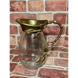 Hammered Glass Pitcher with Brass Branch and Leaf Handle Botanical Water Carafe